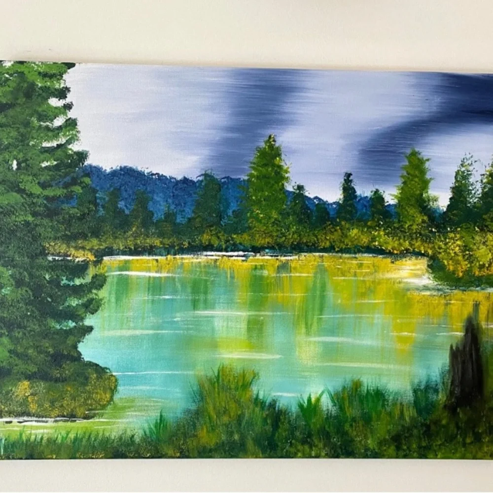 Lakeside evergreen painting - Picture 1 of 1